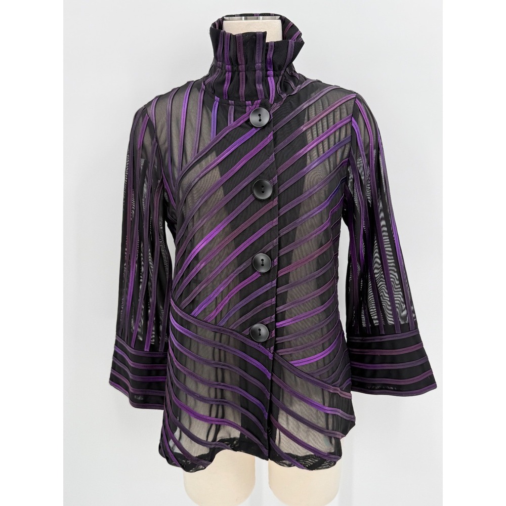 Joseph Ribkoff Womens Black Striped 3/4 Sleeve Sheer Blouse Size M Cocktail Art - Picture 2 of 12